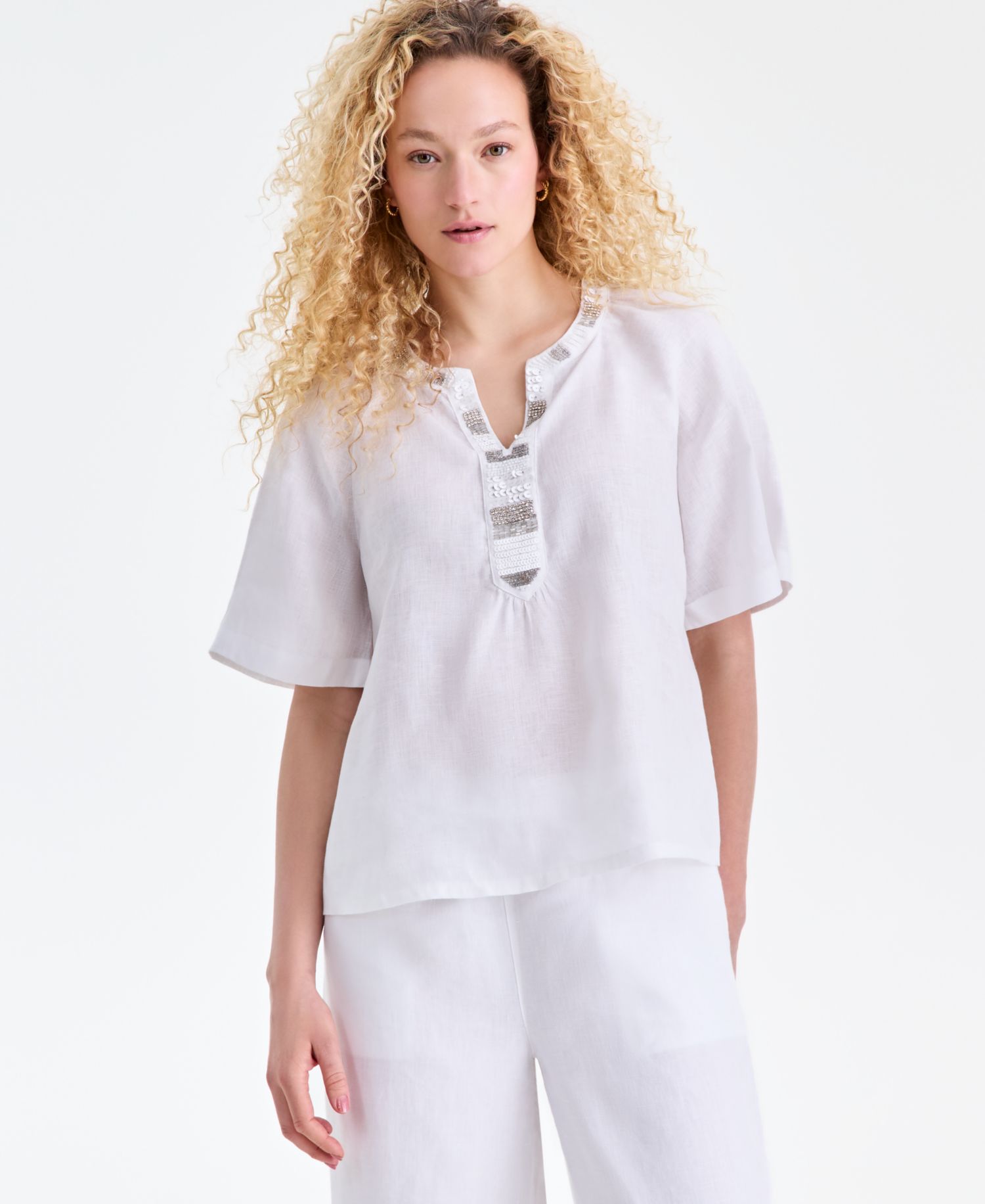 Women's 100% Linen Embellished-Neck Elbow-Sleeve Top