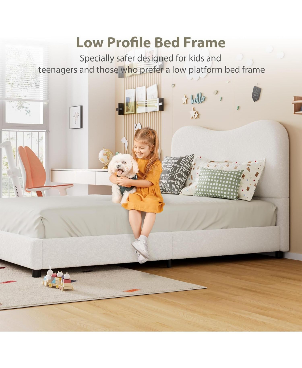 gaomon Bed Frame with Upholstered Headboard, Soft Low Profile Sturdy Platform Rounded Corners Design, Wooden Slats
