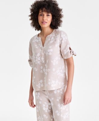Women's 100% Linen Split-Neck Tie-Cuff Top