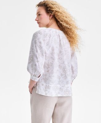 Women's 100% Linen Embroidered Popover Blouse