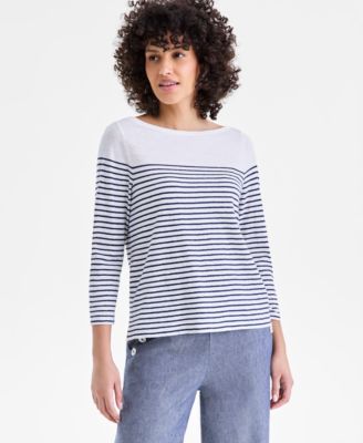 Women's Linen Blend Boat-Neck 3/4-Sleeve Top