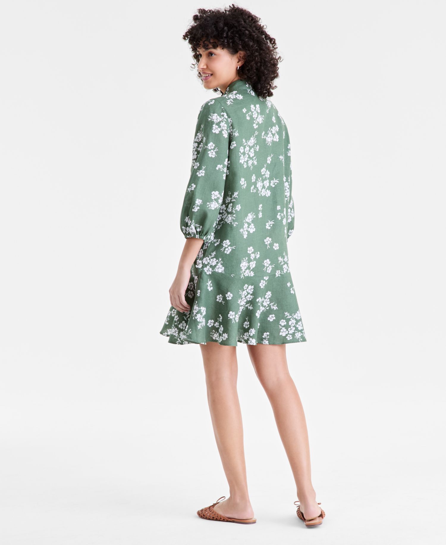 Plus Size 100% Linen Collared Flounce Dress