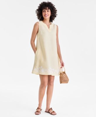 Women's 100% Linen Embroidered-Hem Sleeveless Dress
