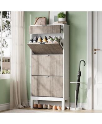 Entryway Freestanding Shoe Cabinet, 3 Flip Fluted Doors + 1 Drawer Shoe Organizer