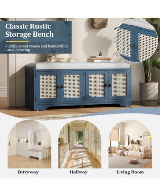 Rustic Storage Bench - Wood Shoe Cabinet Storage Ottoman with Removable Cushion, Woven Rattan Doors, Adjustable Shelves for Hallway