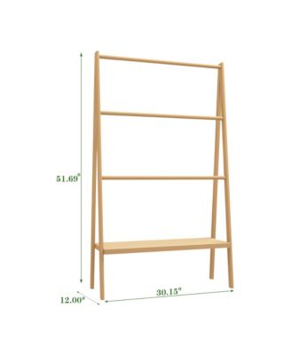 Bamboo Ladder Towel Rack - Freestanding Towel Stand, Blanket Holder with Storage Shelf for Bathroom and Living Room
