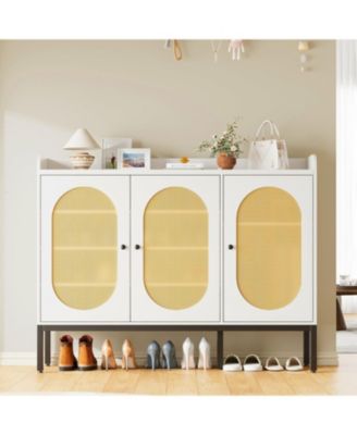 Rattan 3-Door Shoe Cabinet - 8-Tier Adjustable Shelves Freestanding Large Entryway Organizer