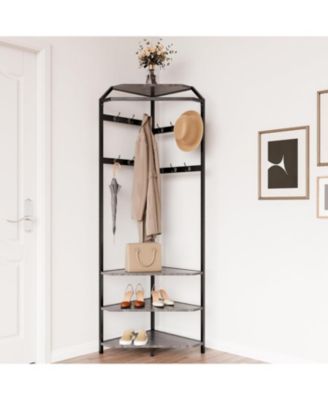 Corner Hall Tree with Shoe Bench - 6 Double Hooks Storage Coat Rack for Entryway Corner