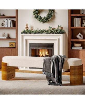 59" Upholstered End of Bed Bench, Modern Entryway Bench with Engineered Wood Frame, Oval Ottoman with Faux Lambswool Fabric