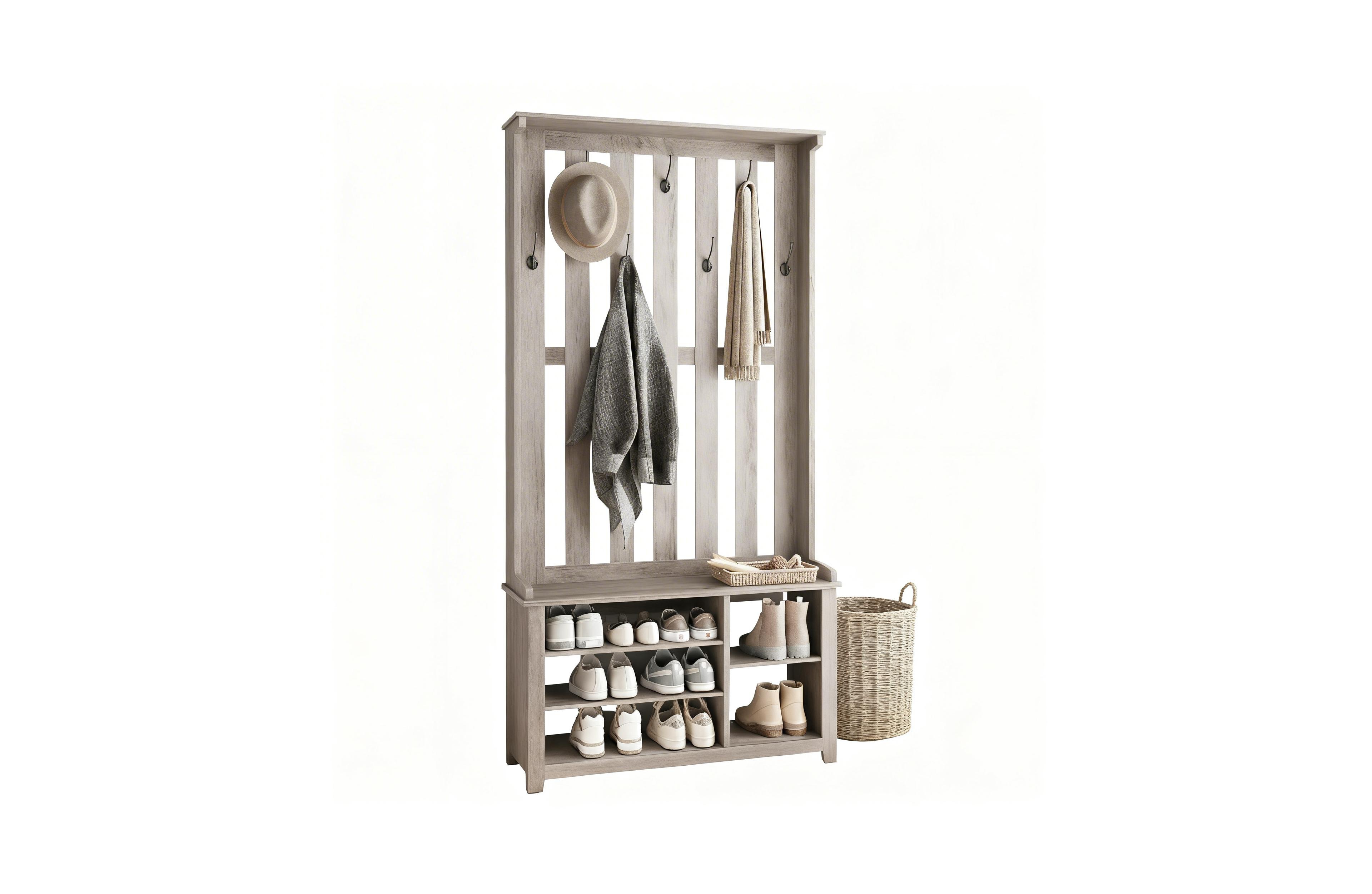 Yigii 7 Double Hooks Hall Tree with Shoe Bench and Storage