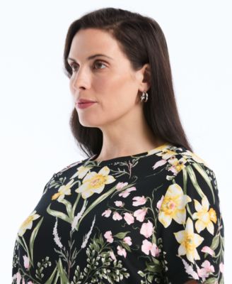 Plus Size Garden Print Button Detail Short-Sleeve Top