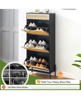 Modern Rattan 3 Flip Door Shoe Cabinet - Freestanding Entryway/Hallway Storage Organizer