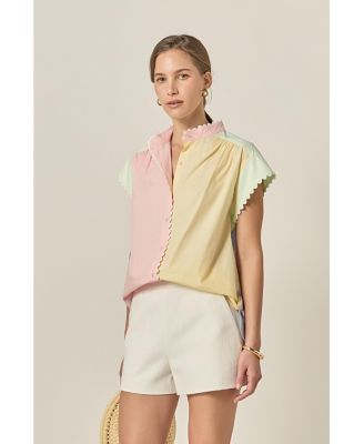Women's Colorblock Short Sleeve Shirt With Ric Rac Trim