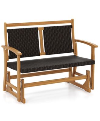 Patio Rattan Glider Bench Swing Gliding Rocker for 2 w/ Acacia Wood Frame