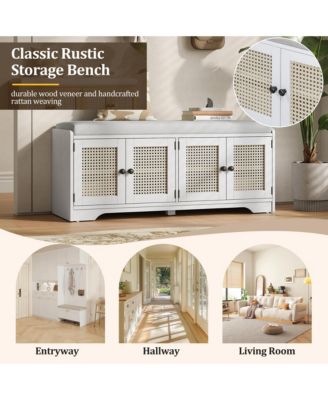 Rustic Storage Bench - Wood Shoe Cabinet Storage Ottoman with Removable Cushion, Woven Rattan Doors, Adjustable Shelves for Hallway