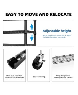 Heavy Duty Garment Rack on Wheels, 3 Tiers Adjustable Wire Shelving, Clothes Rack with 1 Rods and Side Hooks for Bedroom and Wardrobe