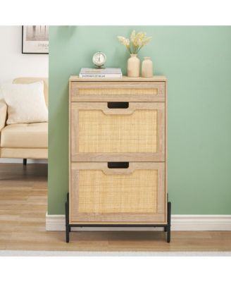 Entryway Freestanding Rattan Shoe Cabinet, 2 Flip Drawers + 1 Drawer Storage