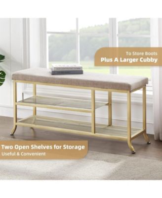 2-Tier Metal Mesh Shoe Rack Bench - Padded Seat Modern Entryway/Bedroom Organizer Easy Assembly