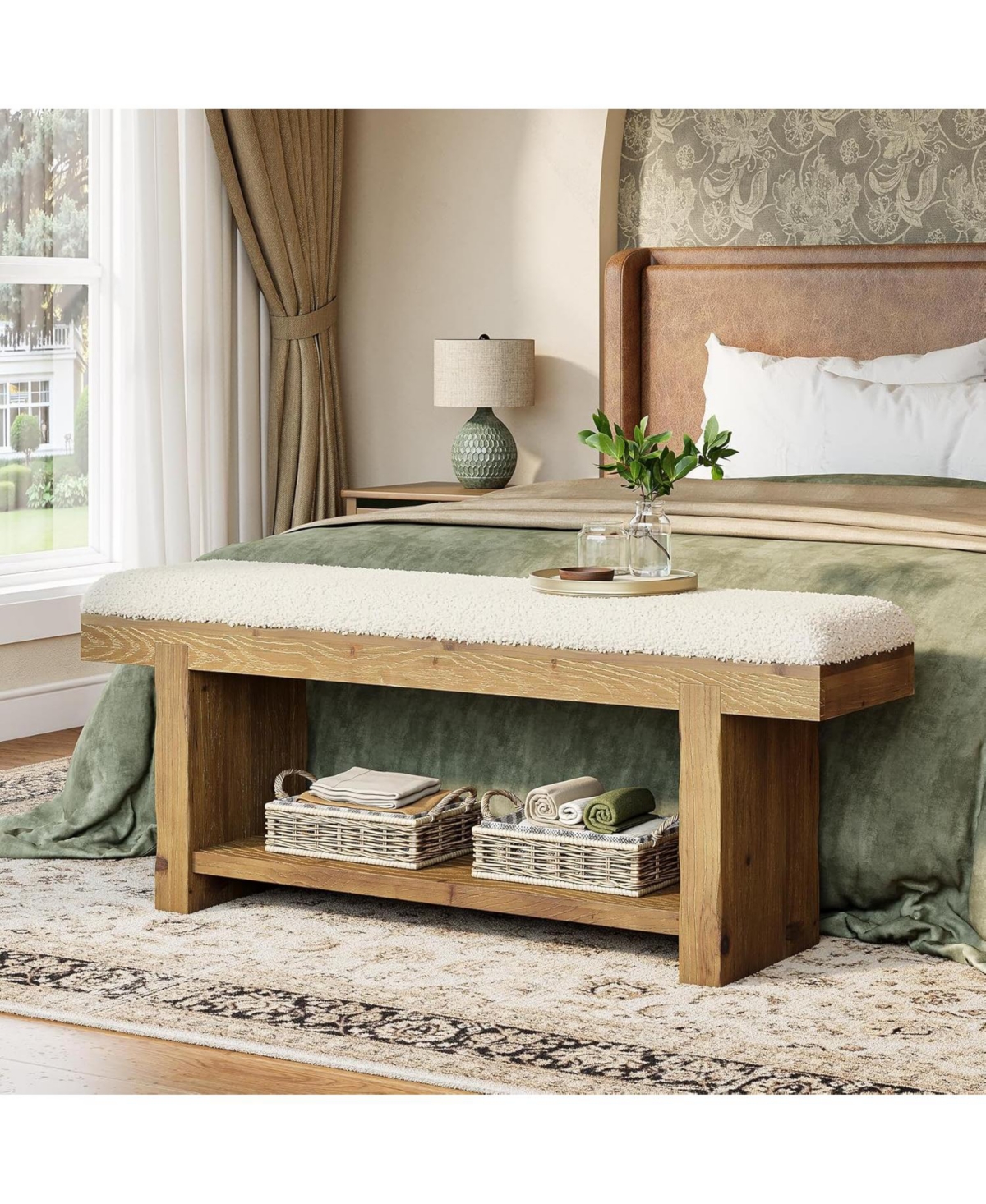 Tribesigns 47.2" Solid Wood Bench, 2-Tier Farmhouse Upholstered Entryway Bench with Storage Shelf, Narrow Rustic Bench for Bedroom, Entryway