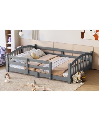 Montessori Floor Bed with Slats & Guardrails, Solid Wood