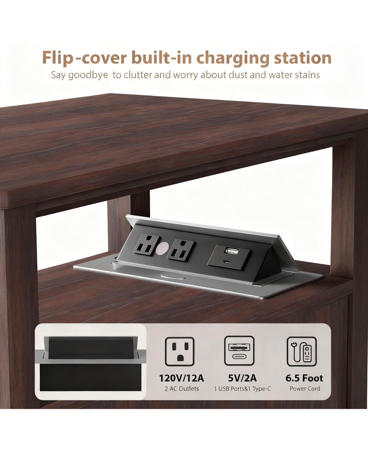 Yigii Adjustable Shelf, Hidden Charging, Multi-Use End Table with storage space