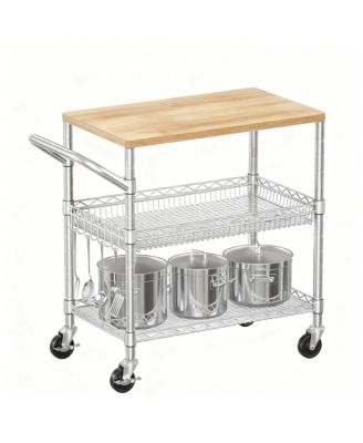 Kitchen Cart with Wood Top, 8 Hooks, Adjustable Shelves, & 4 Lockable Wheels