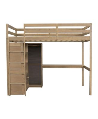  Wood Full Loft Bed w/ Wardrobe, Desk, Storage & Drawers, Walnut