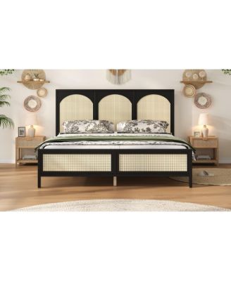 Queen Wood Platform Bed with Rattan Headboard/Footboard