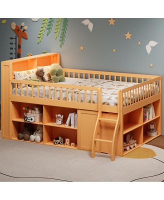 Queen Size Loft Bed with Storage, Headboard with LED Light, Natural