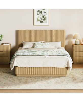 82 inches Queen Size Bed Frame with LED Lights, Modern Oak Wood Design