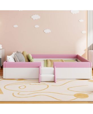  King Size Upholstered Daybed Frame with Fence and Stairs