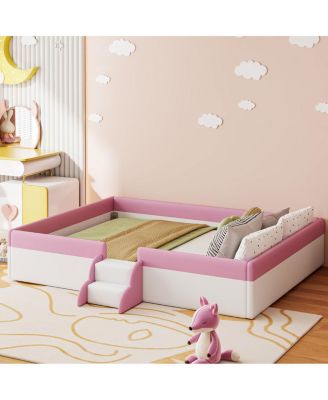  King Size Upholstered Daybed Frame with Fence and Stairs