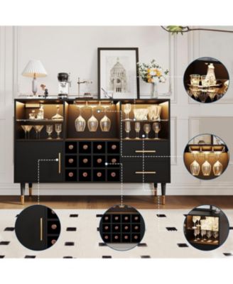 47-Inch Wood LED Light & Charging Station Wine Bar Cabinet