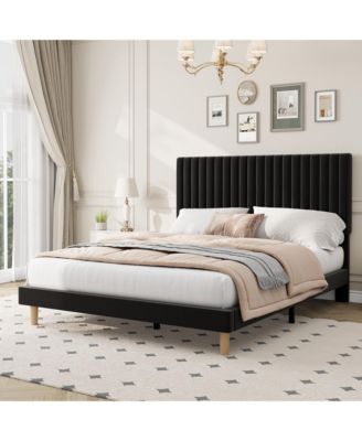 Upholstered Platform Velvet Bed Frame with Headboard,Strong Wooden Slats Support