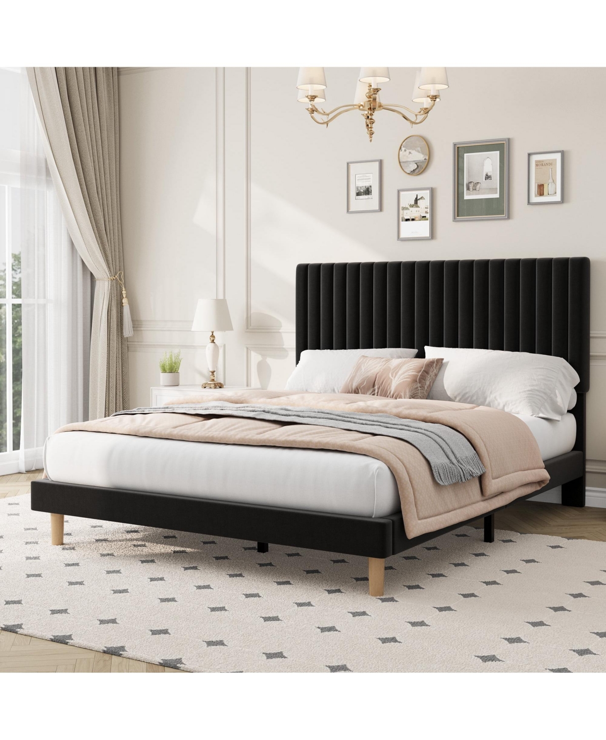 gaomon Upholstered Platform Velvet Bed Frame with Headboard,Strong Wooden Slats Support