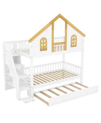 Streamdale Twin Size Wooden House Bunk Bed with Storage Staircase & Trundle