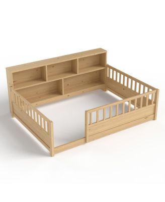 Wooden floor bed with fence guardrail & side storage.