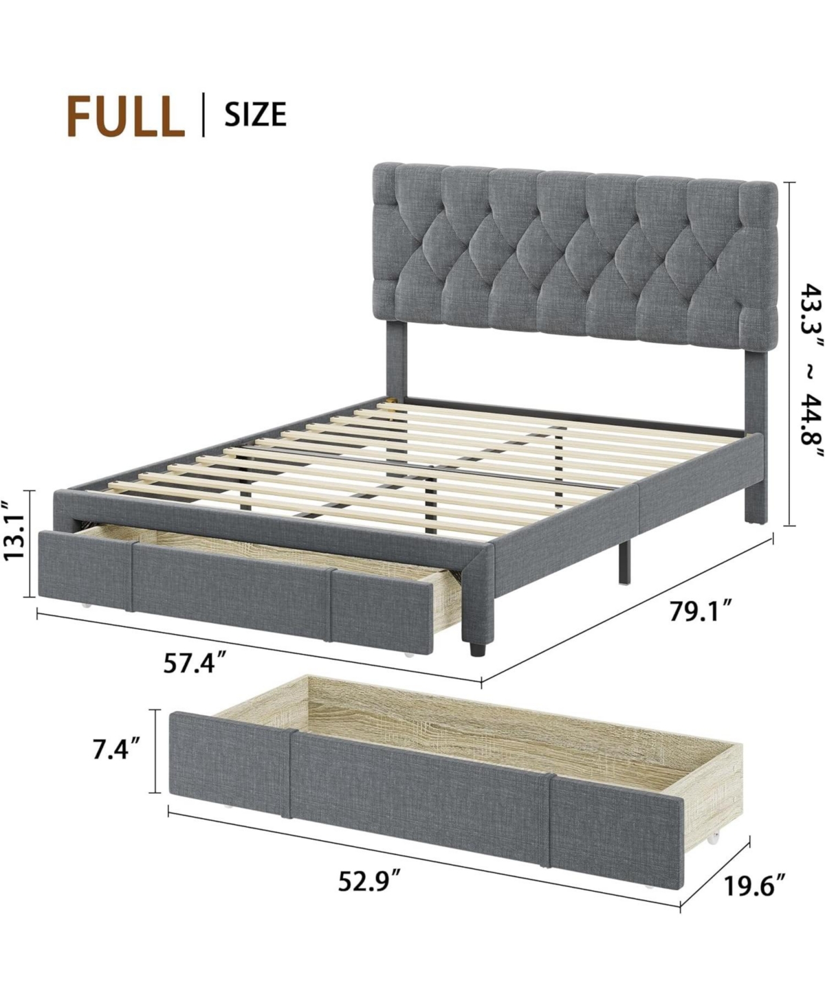 gaomon Bed Frame, Upholstered Platform Frame with Storage Drawers, Mattress Foundation Solid Wooden Slats Support