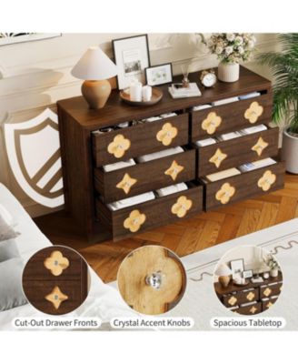 6 Drawer Dresser for Bedroom, Wide Boho Chest of Drawers with Wooden Storage Cabinet and Decorative Front Organizer