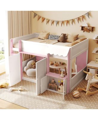  Full Loft House Bed with Playhouse & Storage, Modern Wood Cabin Bed for Kids/Teens