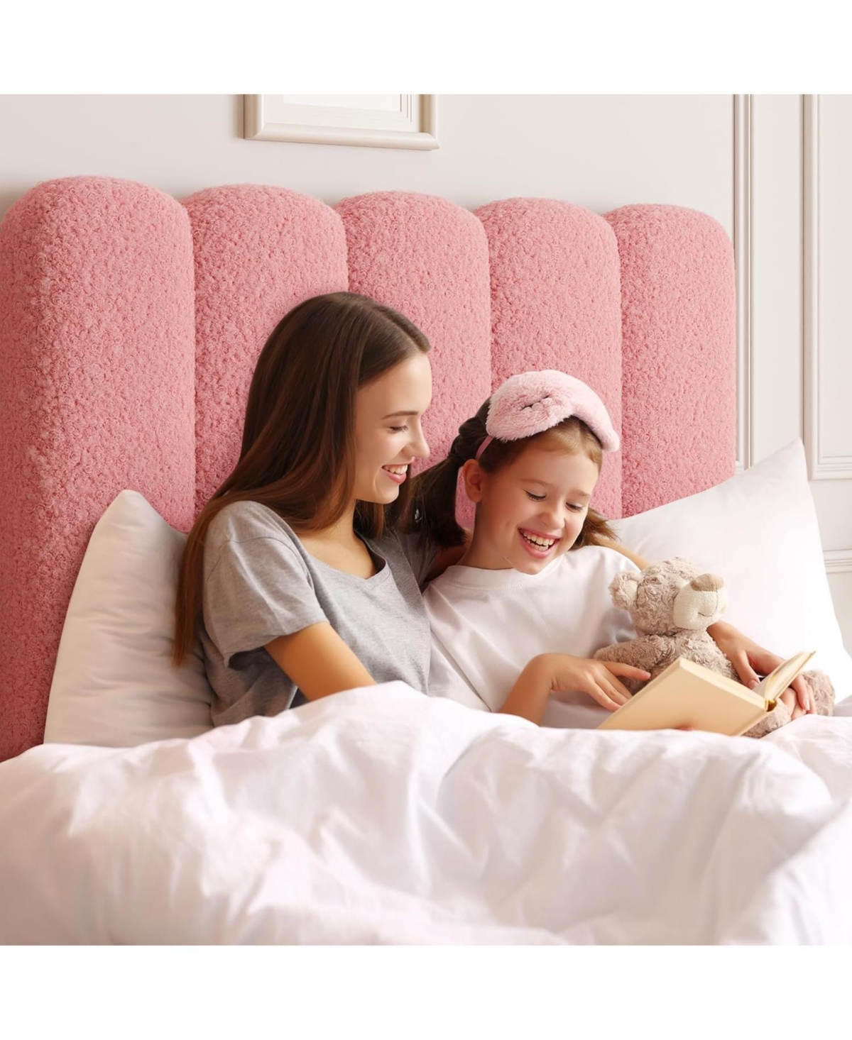 gaomon 2 Sets Bed Frame with Under-Bed Drawer, Upholstered Platform Bed with Wave Headboard for Kids/Girls, Wooden Slats Support