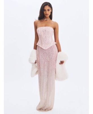 Women's Tosca Pink-to-White Beaded Gradient Strapless Maxi Dress