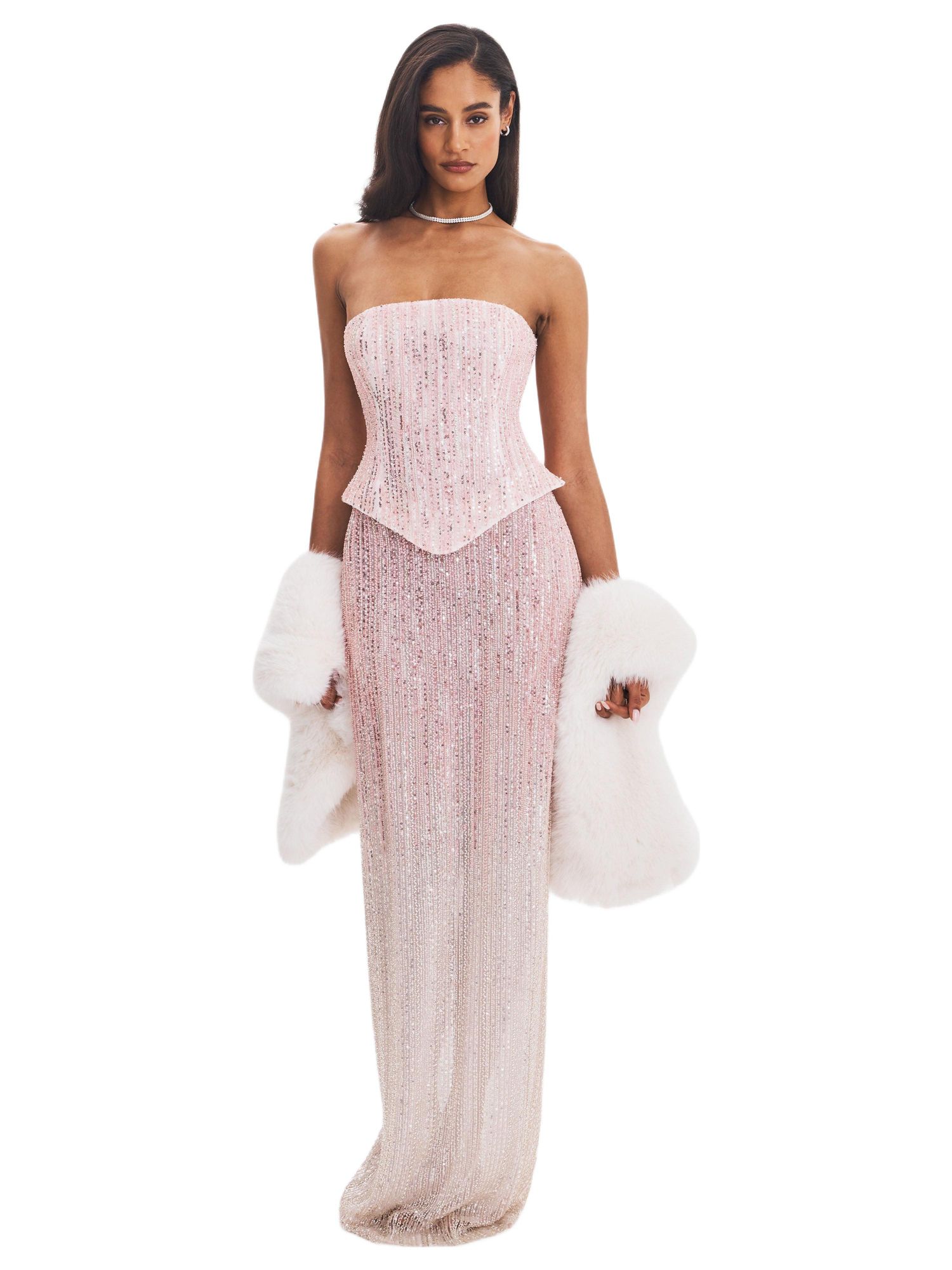 Women's Tosca Pink-to-White Beaded Gradient Strapless Maxi Dress
