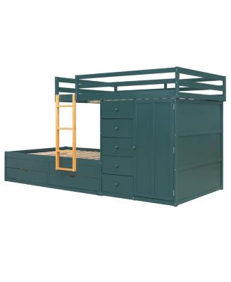 Full Size Bunk Bed with 2 Large & 5 Small Drawers, Wardrobe
