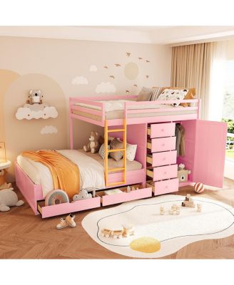 Full Size Bunk Bed with 2 Large & 5 Small Drawers, Wood & MDF