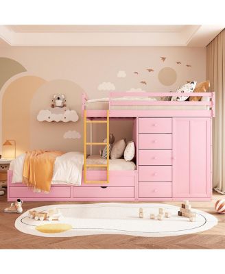 Full Size Bunk Bed with 2 Large & 5 Small Drawers, Wood & MDF