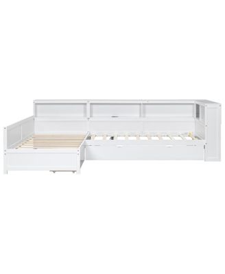 Wood Twin L-shaped Platform Bed with Trundle & Drawer