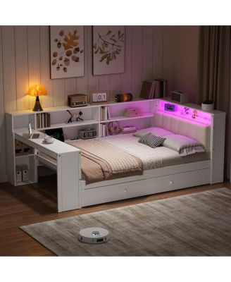  Wood Twin Platform Bed with Storage, Trundle, Charging, LED, Desk, Headboard