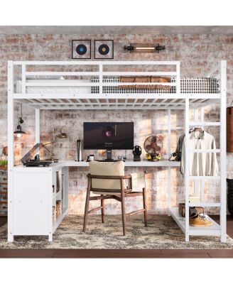 Metal Loft Bed with Wardrobe, L-shaped Desk & Storage - Full Size