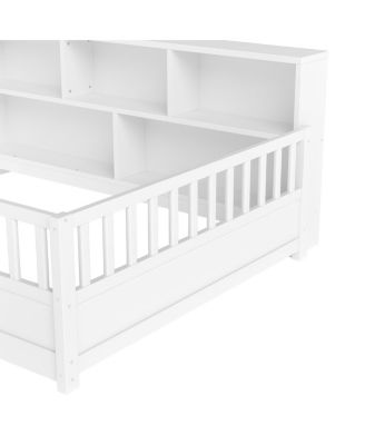  Wooden Floor Bed With Fence Guardrail & Side Storage